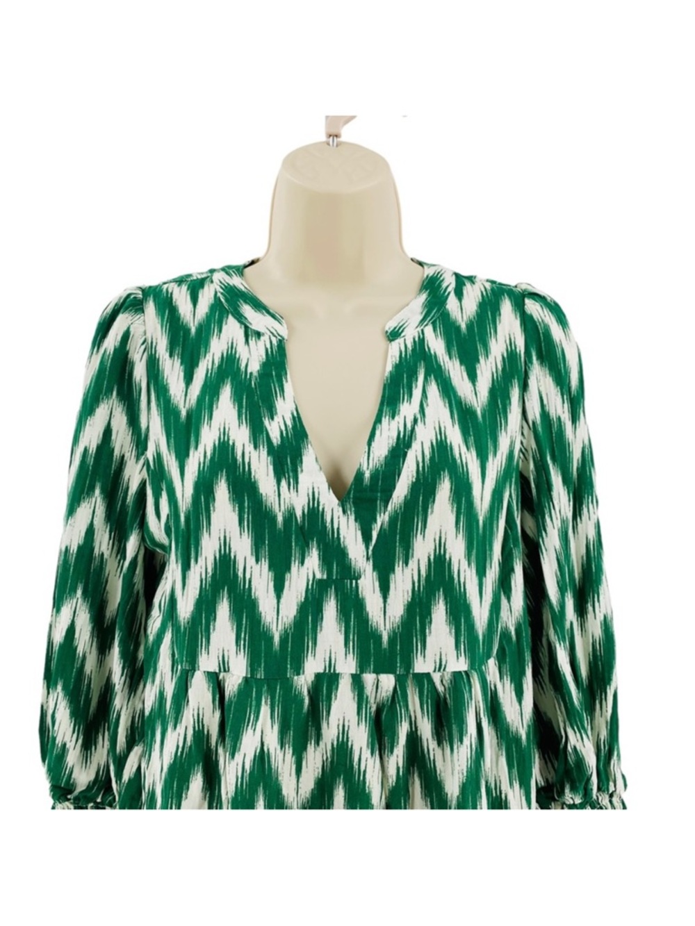 Pomander Place Tuckernuck Green White Ikat Zig Zag Print Tiered Dress Size M - Picture 10 of 14